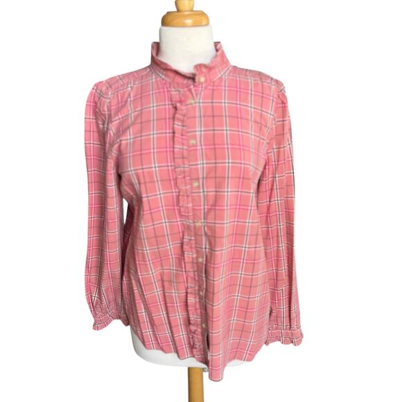 Loft Plaid Ruffle Shirt Long Sleeve Button Preppy Academia Womens Size Medium - Picture 2 of 14